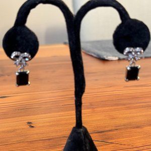 EARRINGS Black Onyx Cushion Cut Stone w/ Diamond Bow Accent
